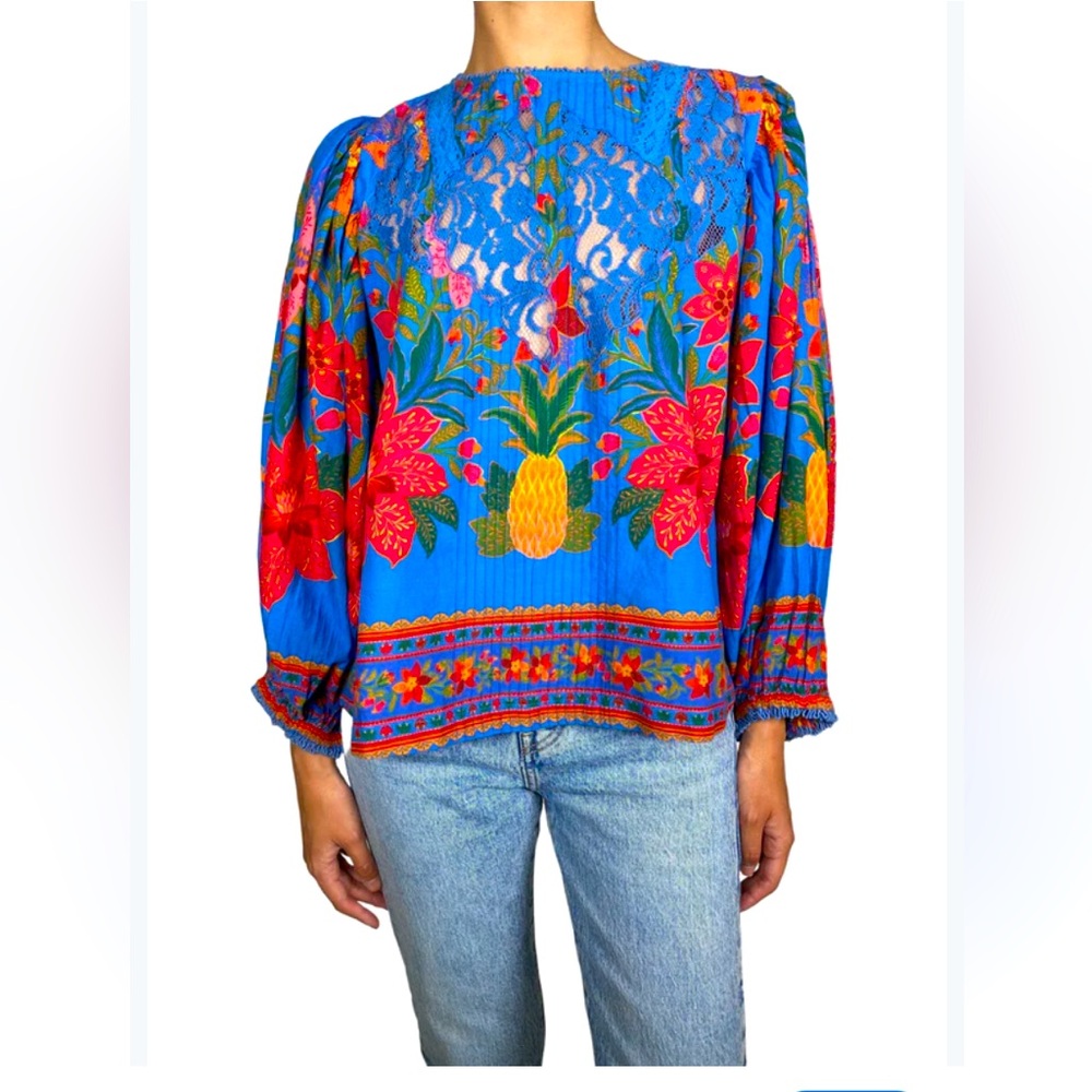 Farm Rio tropical print boho beach long sleeve top.